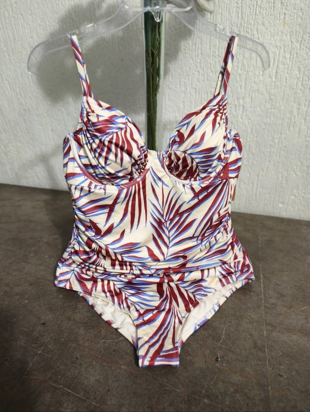 Women's Cream One-Piece Swimsuit with Red & Blue Leaf Print Size XS